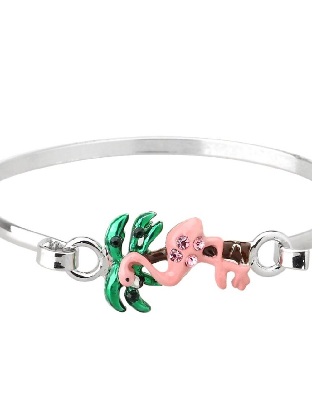 Flamingo Bracelet Thin Metal Bangle SILVER Pink Enamel Palm Tree Beach Jewelry